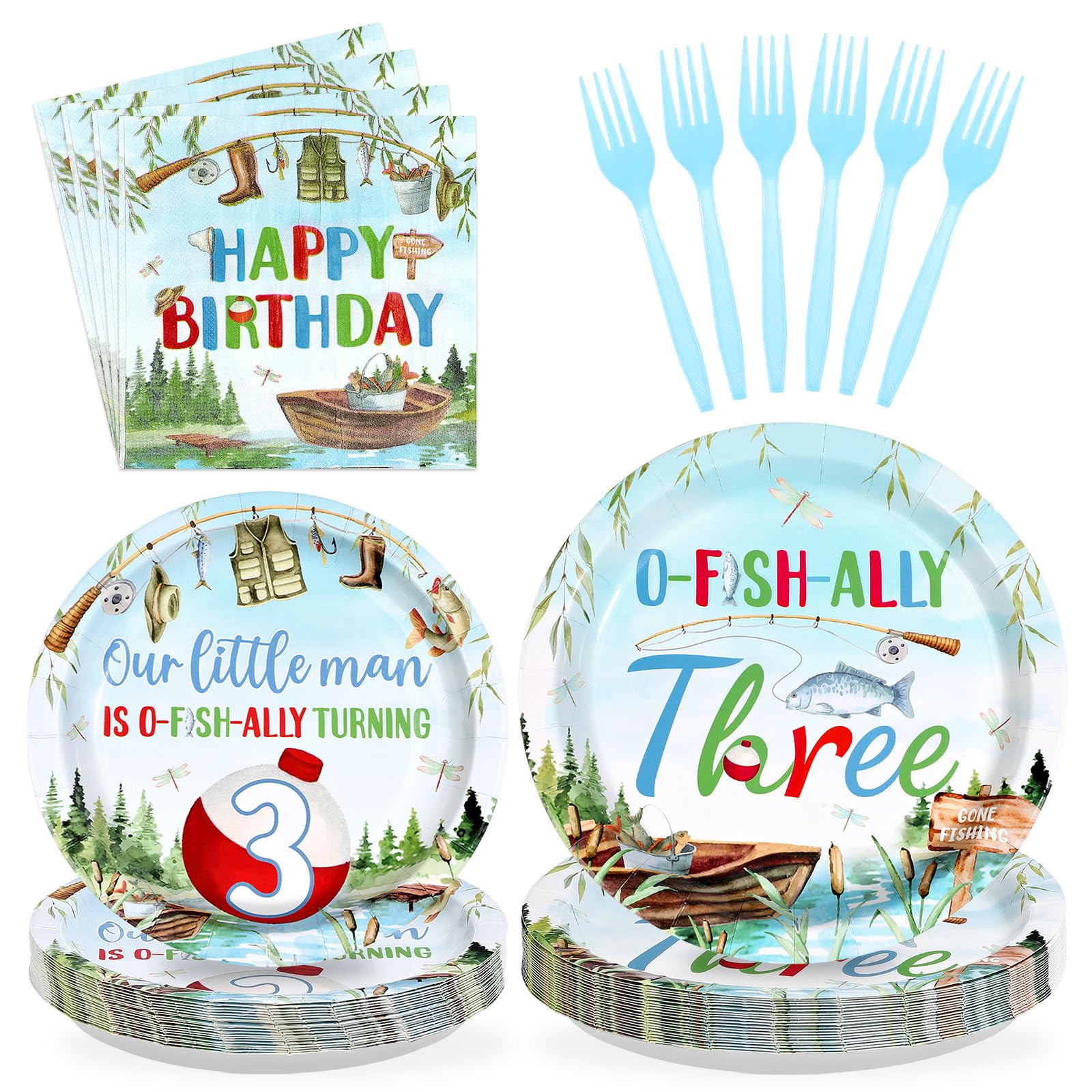96 Pcs Fishing 3rd Birthday Party Plates and Napkins - Grencian
