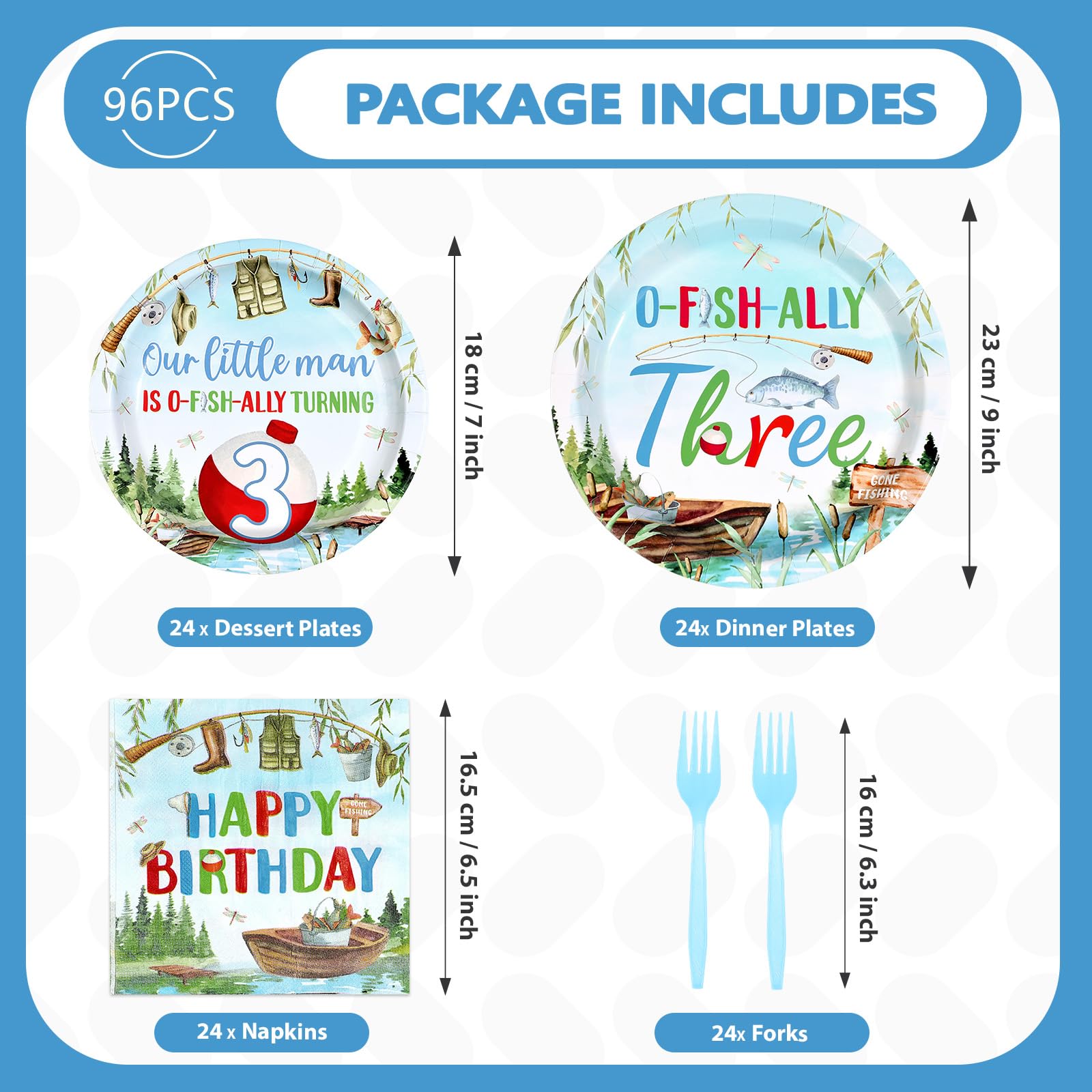 96 Pcs Fishing 3rd Birthday Party Plates and Napkins - Grencian