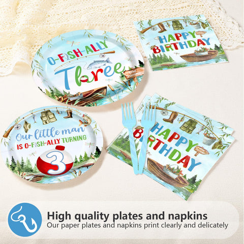 96 Pcs Fishing 3rd Birthday Party Plates and Napkins - Grencian