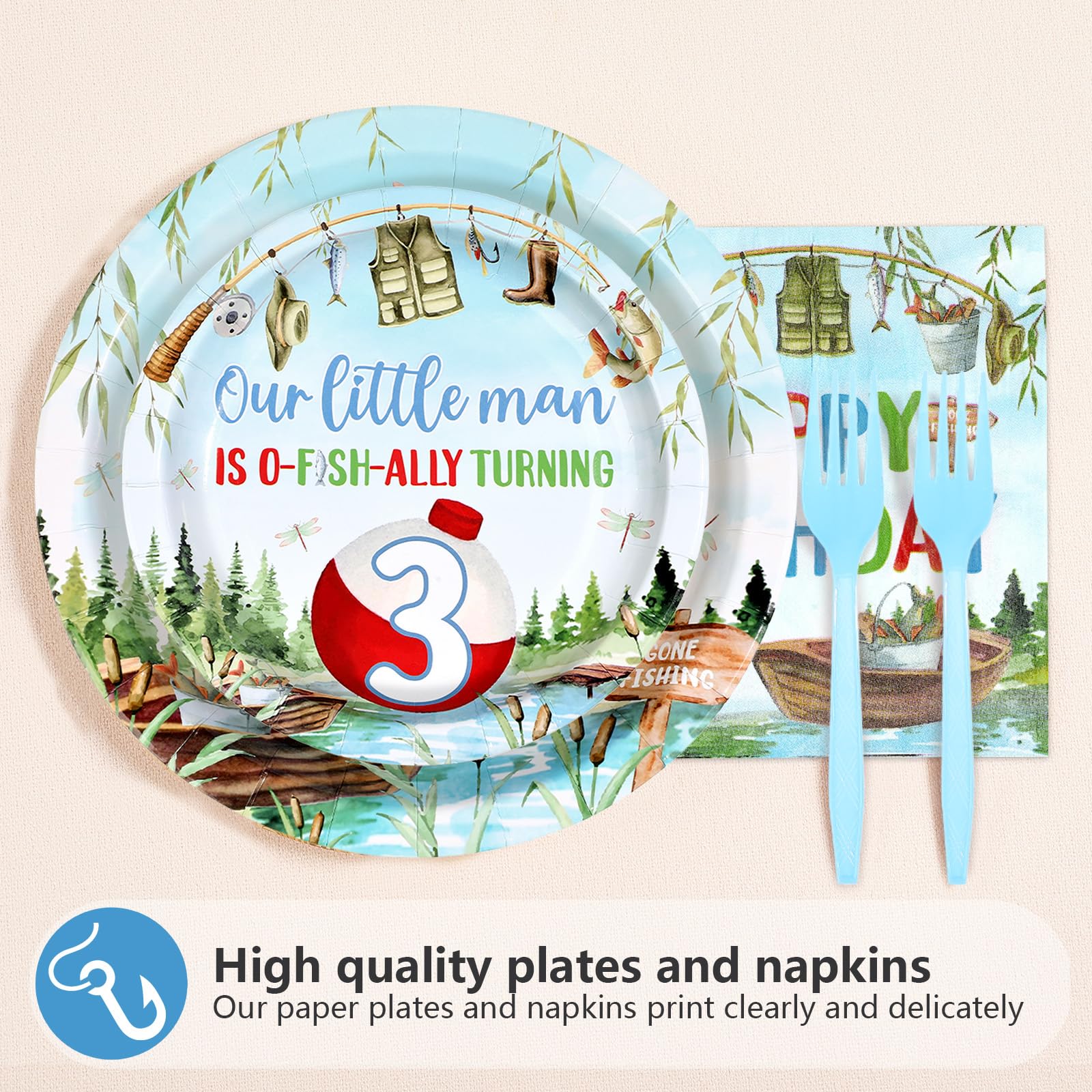 96 Pcs Fishing 3rd Birthday Party Plates and Napkins - Grencian