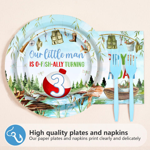 96 Pcs Fishing 3rd Birthday Party Plates and Napkins - Grencian