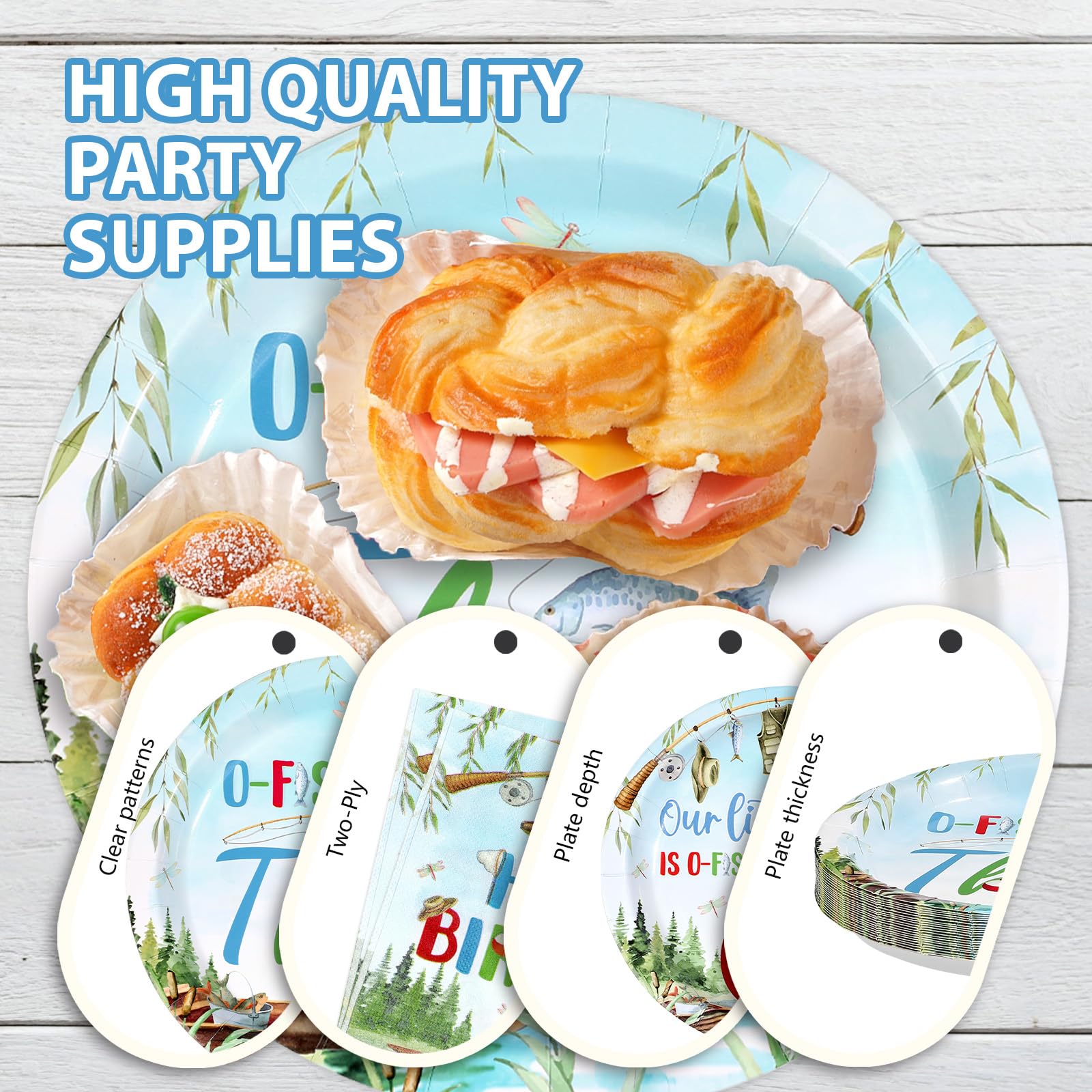 96 Pcs Fishing 3rd Birthday Party Plates and Napkins - Grencian