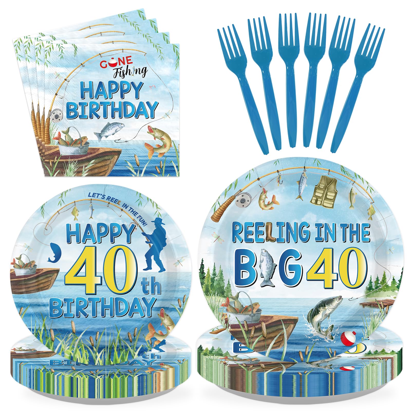 96 Pcs Fishing 40th Birthday Party Plates and Napkins - Grencian