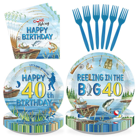 96 Pcs Fishing 40th Birthday Party Plates and Napkins - Grencian