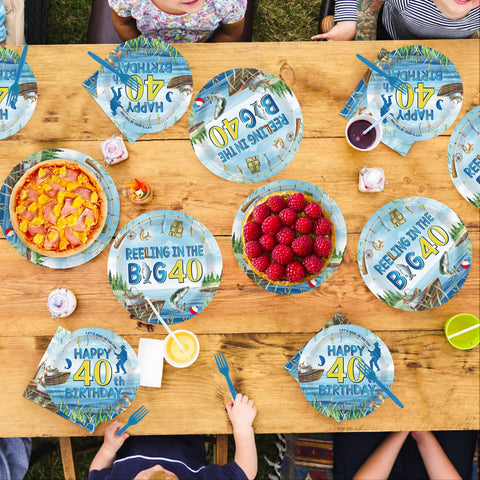 96 Pcs Fishing 40th Birthday Party Plates and Napkins - Grencian