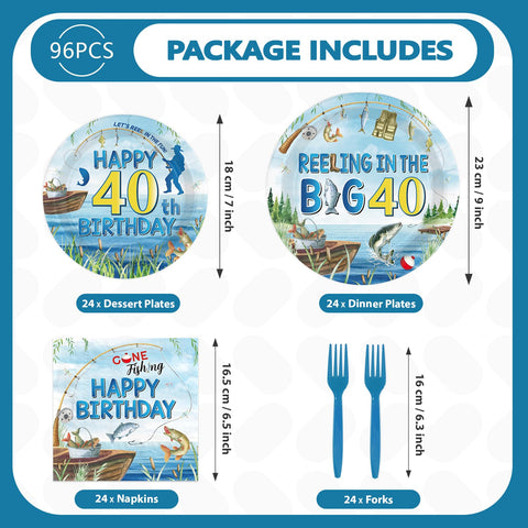 96 Pcs Fishing 40th Birthday Party Plates and Napkins - Grencian