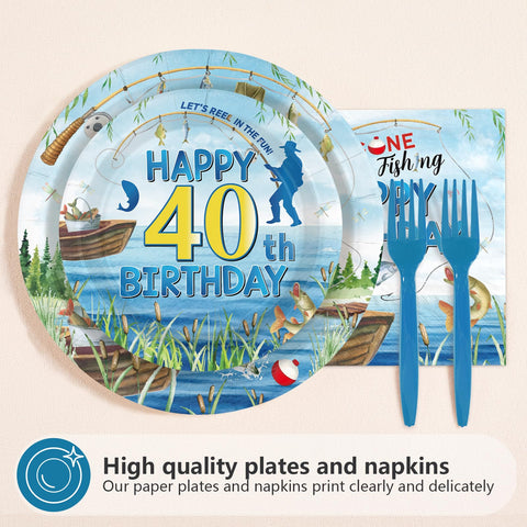 96 Pcs Fishing 40th Birthday Party Plates and Napkins - Grencian
