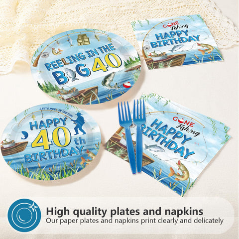 96 Pcs Fishing 40th Birthday Party Plates and Napkins - Grencian