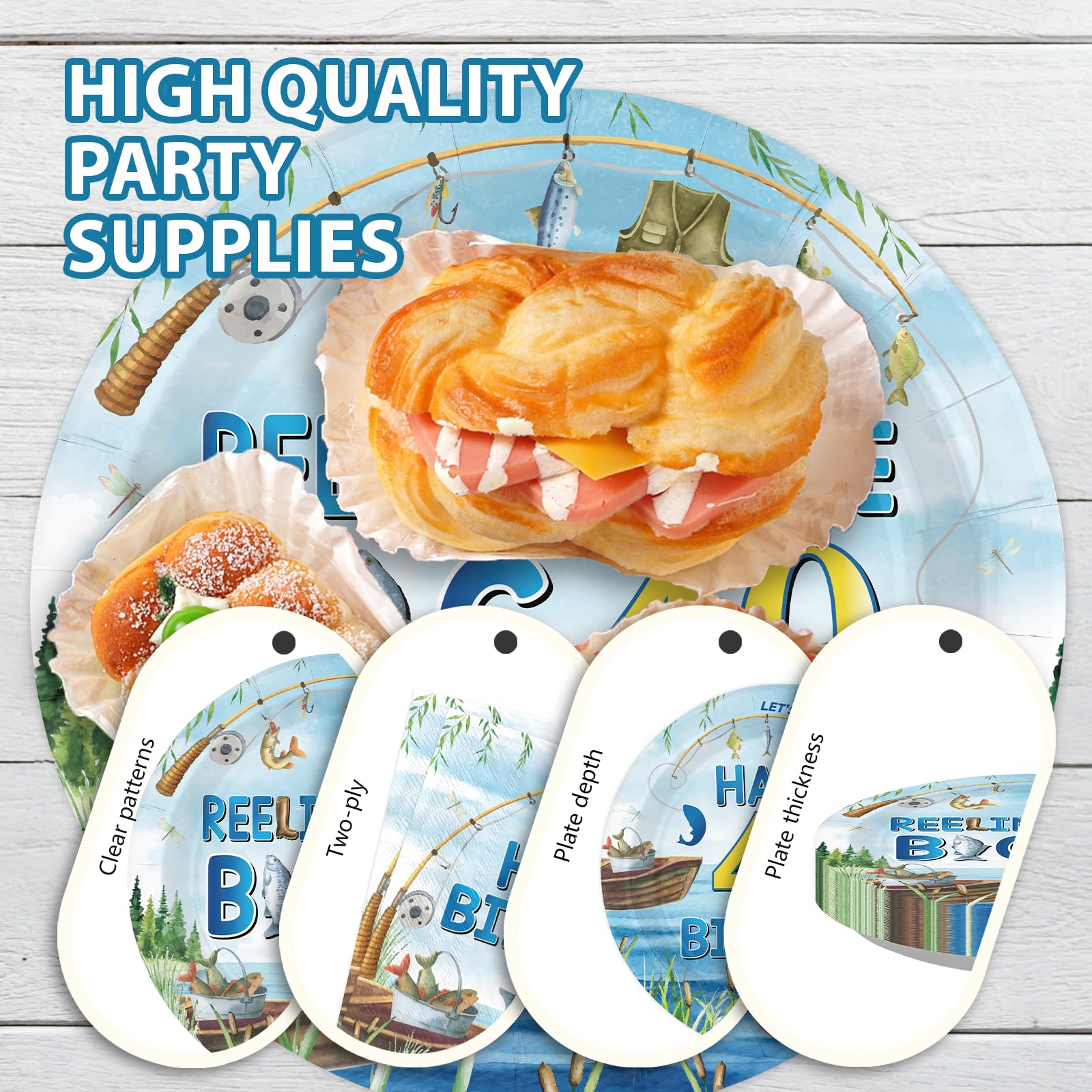96 Pcs Fishing 40th Birthday Party Plates and Napkins - Grencian