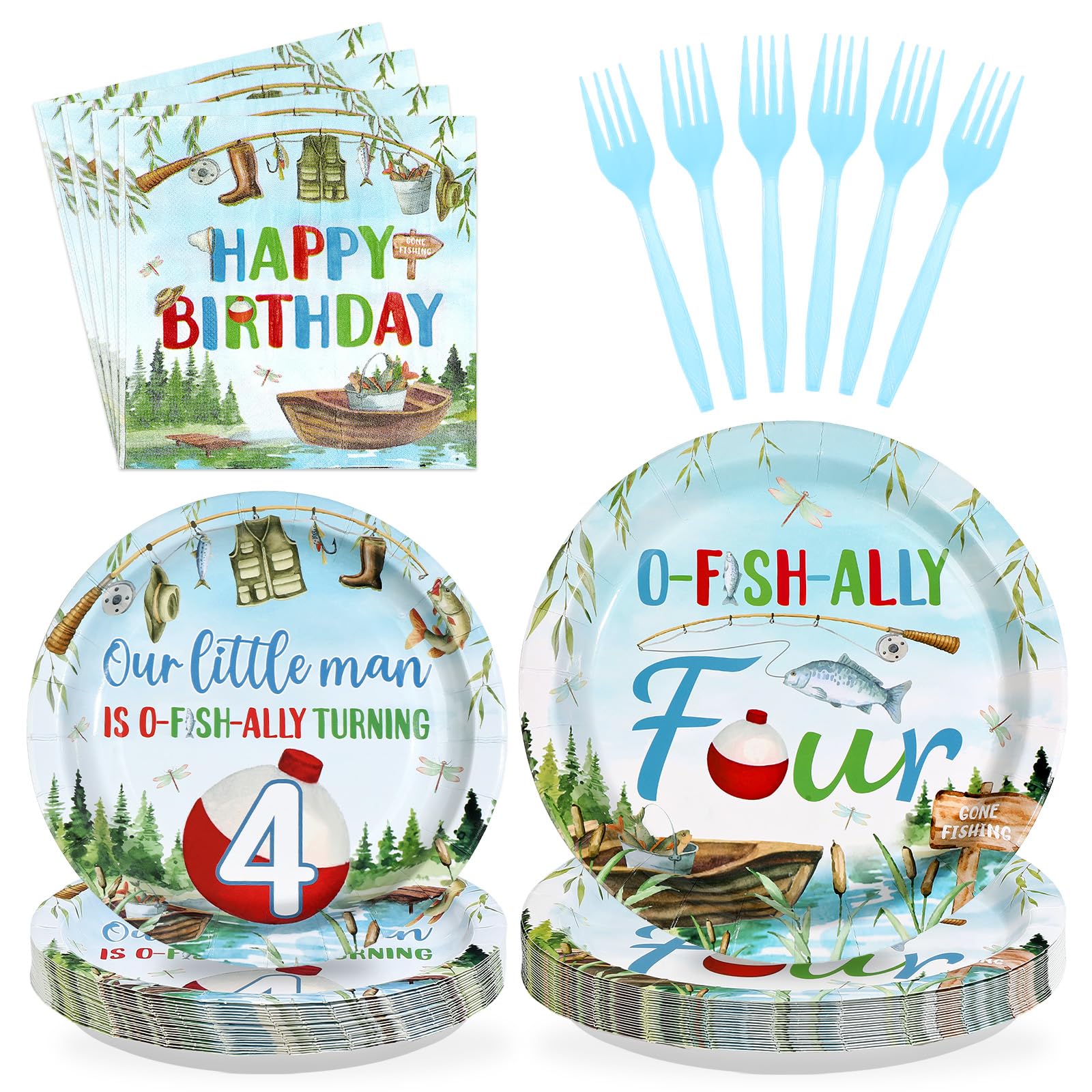 96 Pcs Fishing 4th Birthday Party Plates and Napkins - Grencian