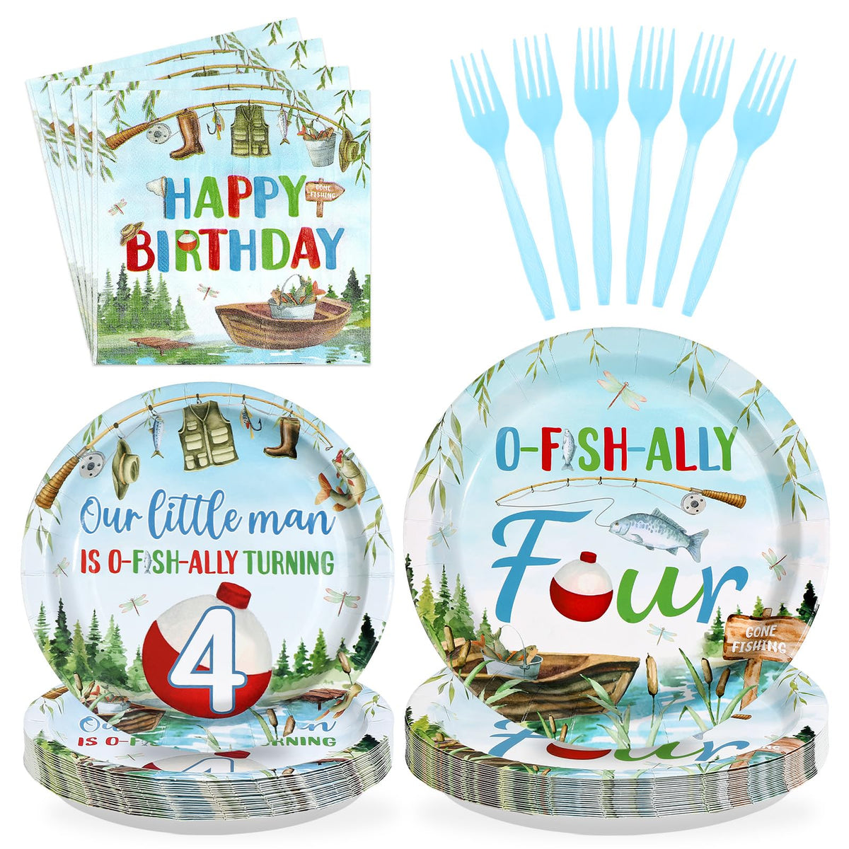 96 Pcs Fishing 4th Birthday Party Plates and Napkins - Grencian