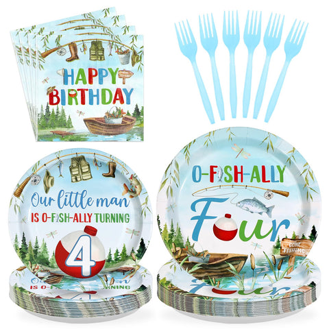 96 Pcs Fishing 4th Birthday Party Plates and Napkins - Grencian