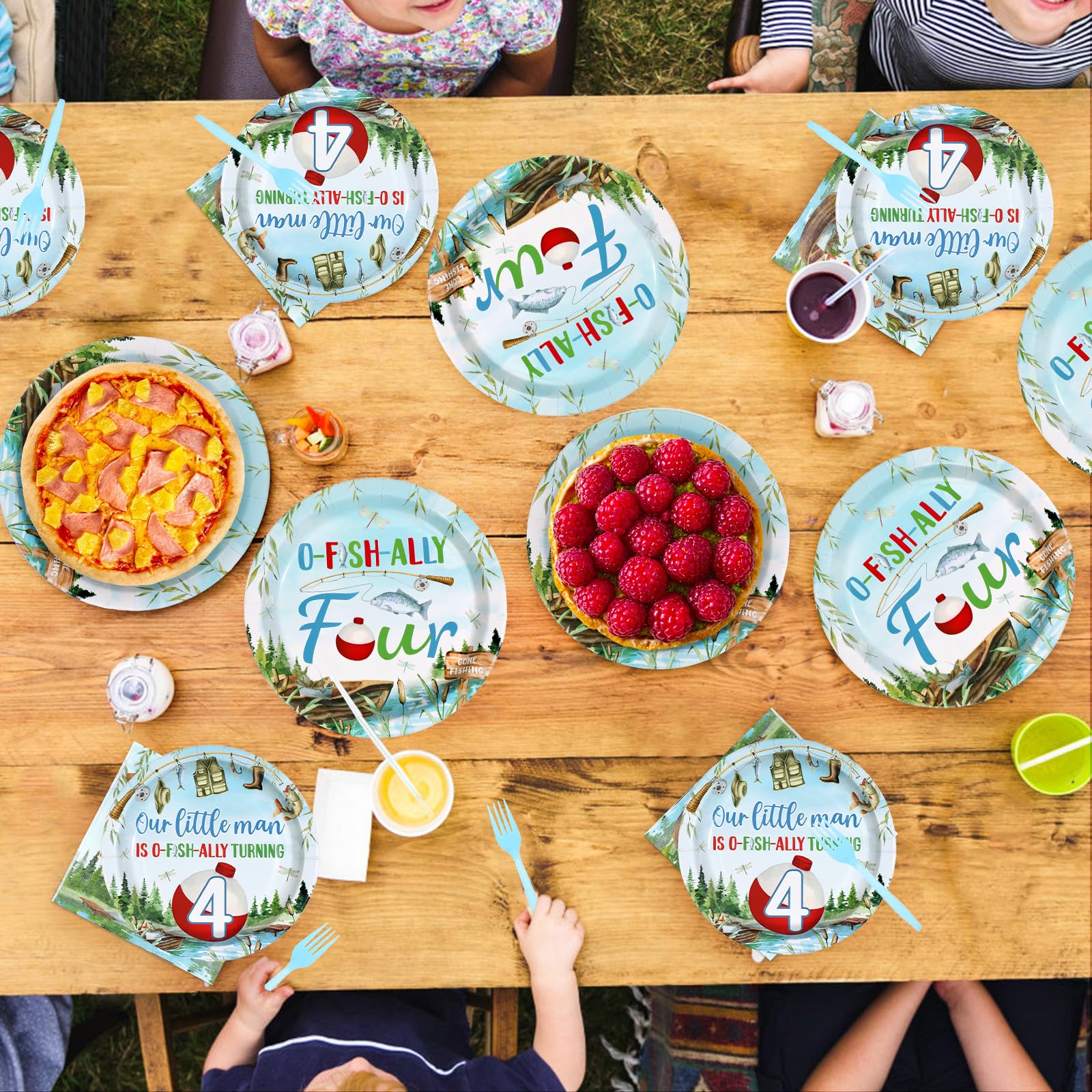 96 Pcs Fishing 4th Birthday Party Plates and Napkins - Grencian
