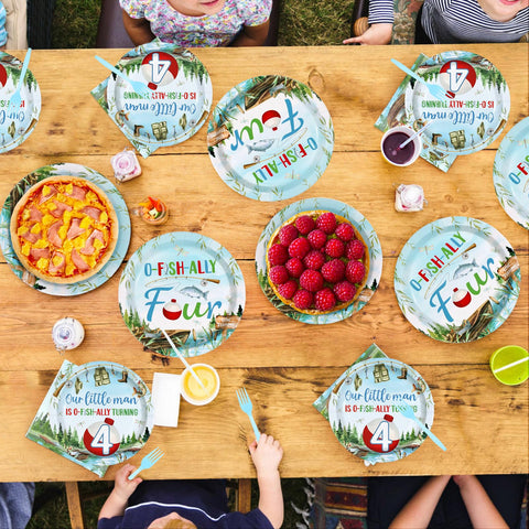 96 Pcs Fishing 4th Birthday Party Plates and Napkins - Grencian