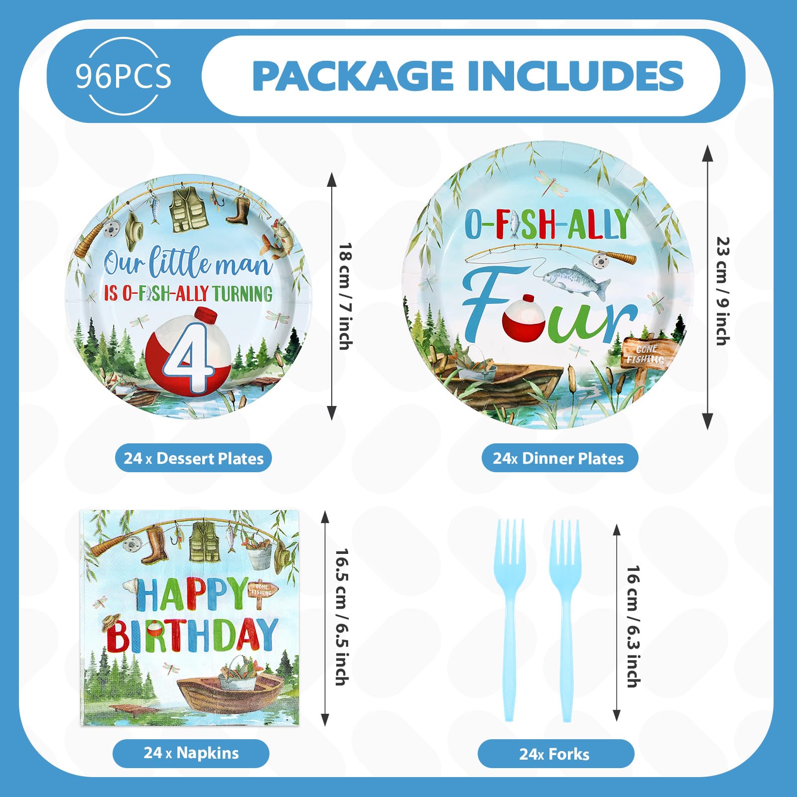 96 Pcs Fishing 4th Birthday Party Plates and Napkins - Grencian