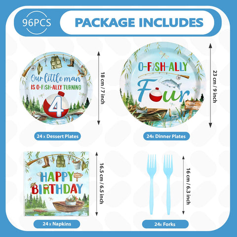 96 Pcs Fishing 4th Birthday Party Plates and Napkins - Grencian