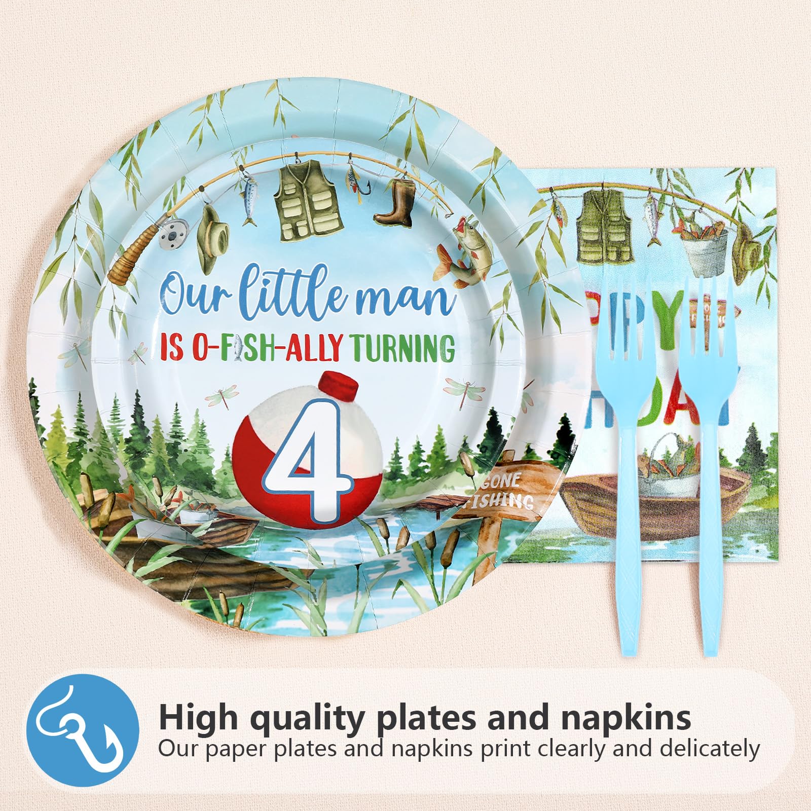 96 Pcs Fishing 4th Birthday Party Plates and Napkins - Grencian