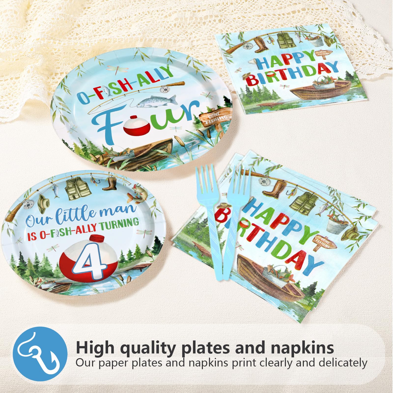 96 Pcs Fishing 4th Birthday Party Plates and Napkins - Grencian