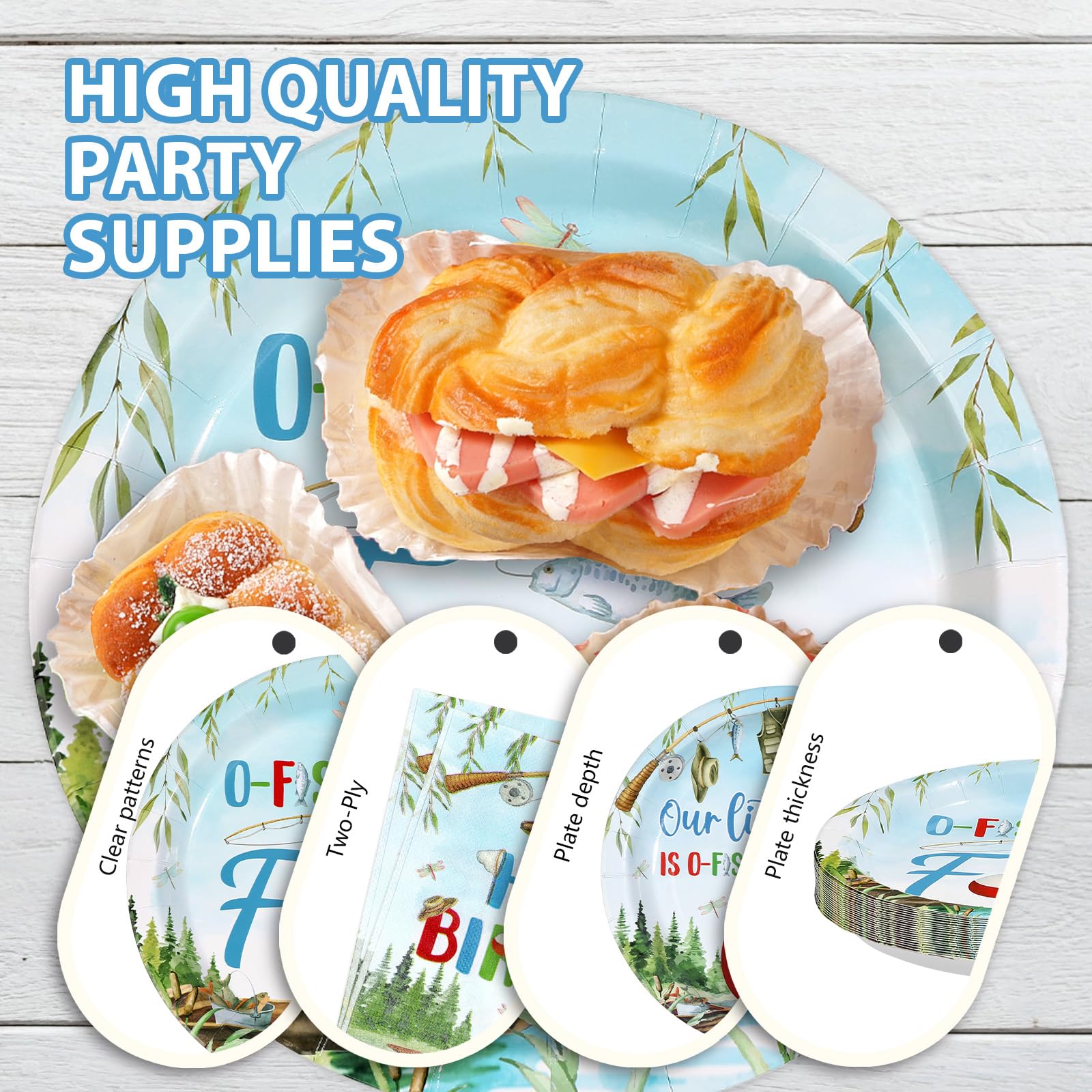 96 Pcs Fishing 4th Birthday Party Plates and Napkins - Grencian