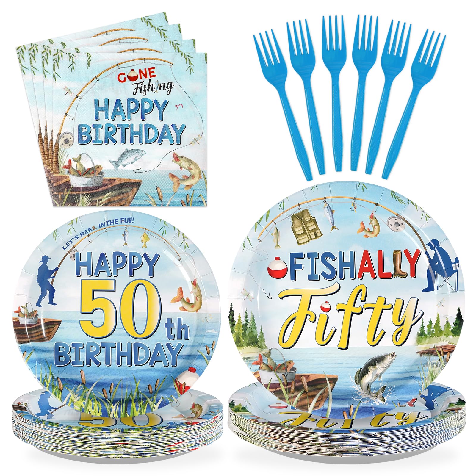 96 Pcs Fishing 50th Birthday Party Plates and Napkins - Grencian