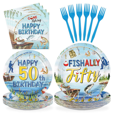 96 Pcs Fishing 50th Birthday Party Plates and Napkins - Grencian