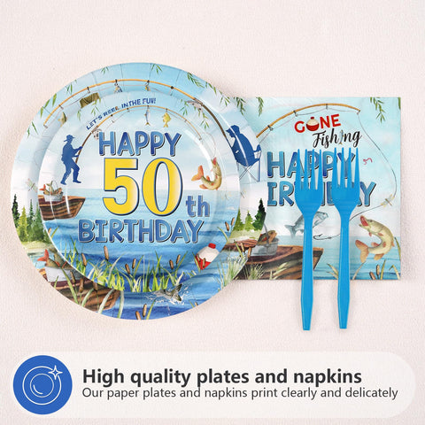 96 Pcs Fishing 50th Birthday Party Plates and Napkins - Grencian