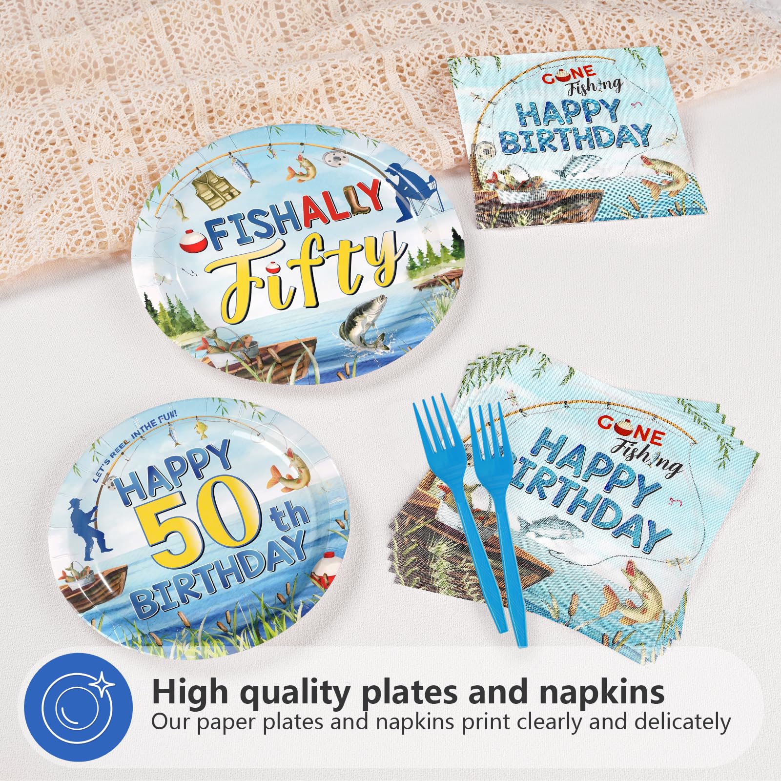 96 Pcs Fishing 50th Birthday Party Plates and Napkins - Grencian