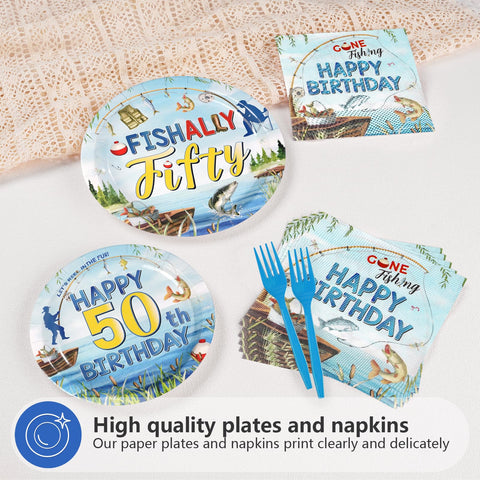 96 Pcs Fishing 50th Birthday Party Plates and Napkins - Grencian
