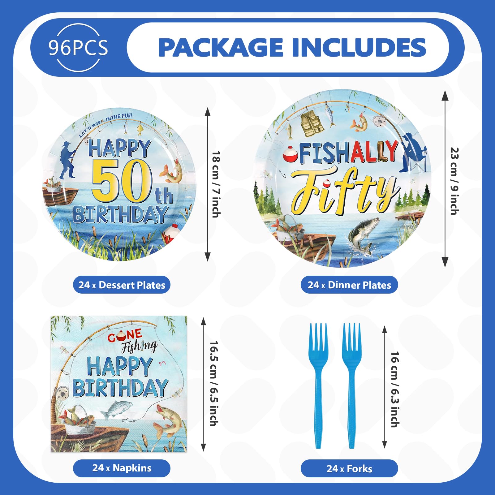 96 Pcs Fishing 50th Birthday Party Plates and Napkins - Grencian