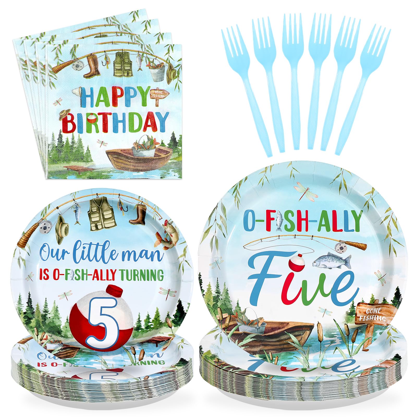96 Pcs Fishing 5th Birthday Party Plates and Napkins - Grencian