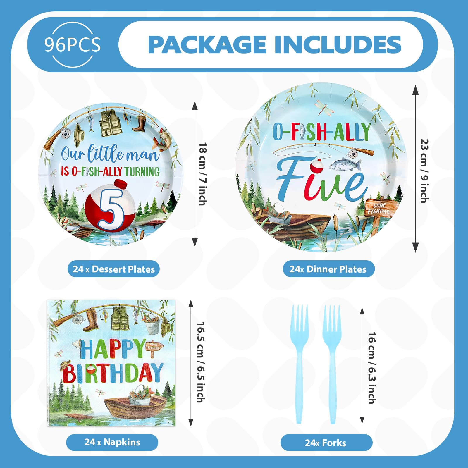 96 Pcs Fishing 5th Birthday Party Plates and Napkins - Grencian