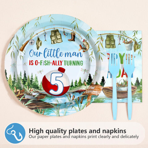 96 Pcs Fishing 5th Birthday Party Plates and Napkins - Grencian