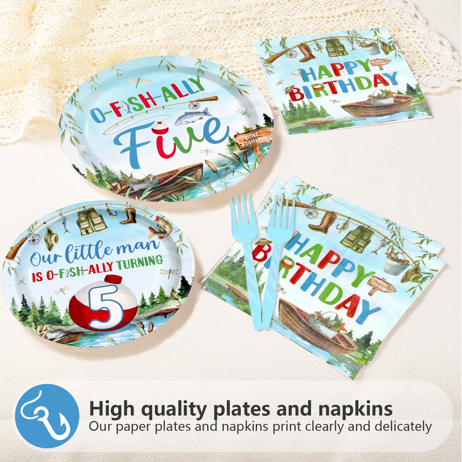 96 Pcs Fishing 5th Birthday Party Plates and Napkins - Grencian