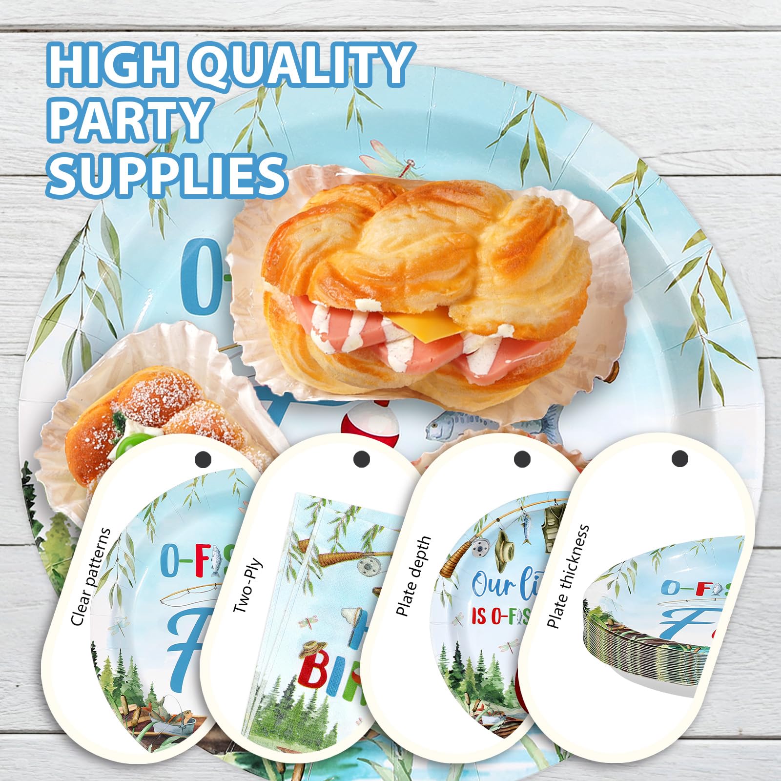 96 Pcs Fishing 5th Birthday Party Plates and Napkins - Grencian