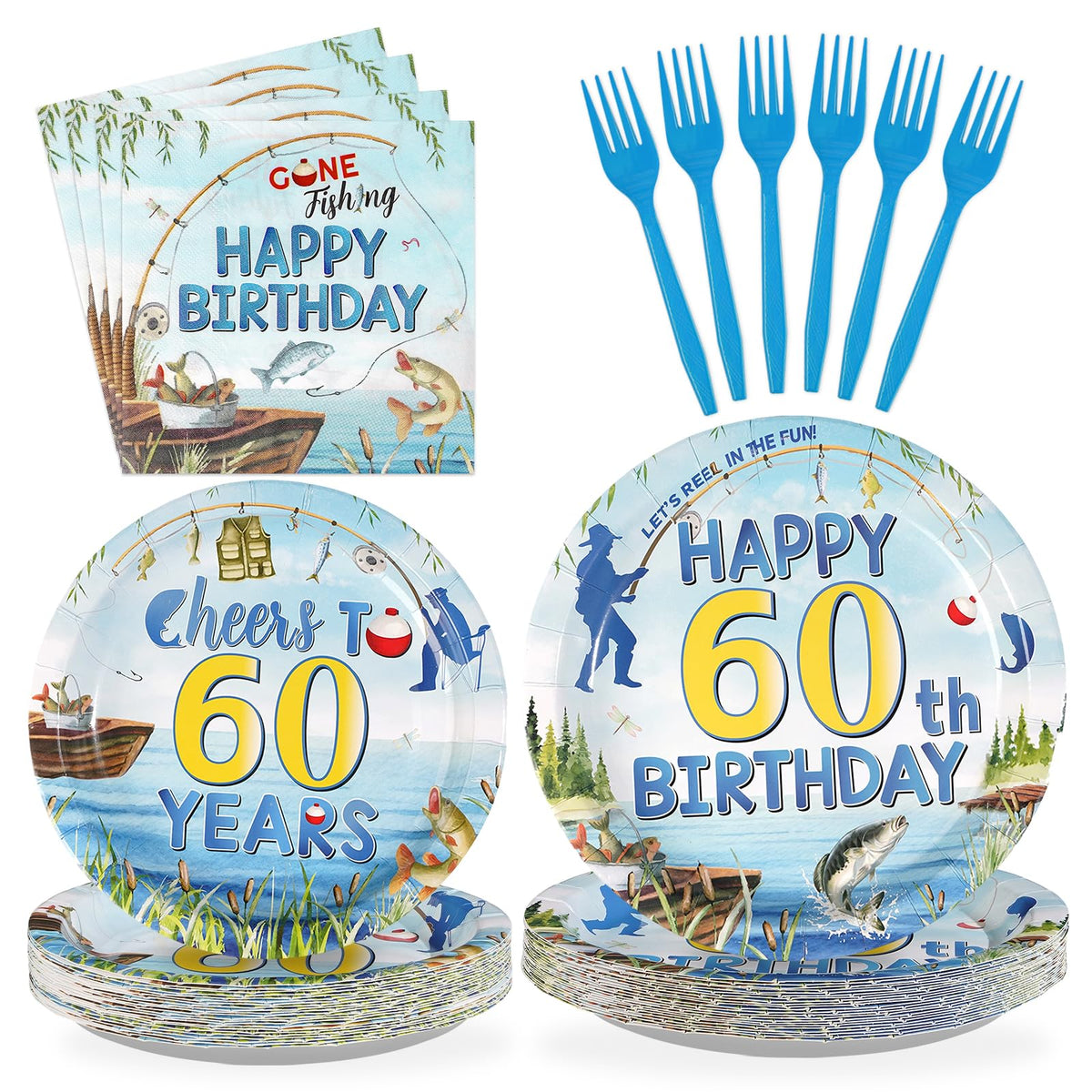 96 Pcs Fishing 60th Birthday Party Plates and Napkins - Grencian