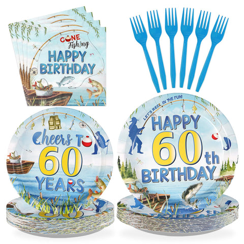 96 Pcs Fishing 60th Birthday Party Plates and Napkins - Grencian