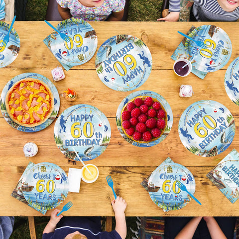 96 Pcs Fishing 60th Birthday Party Plates and Napkins - Grencian