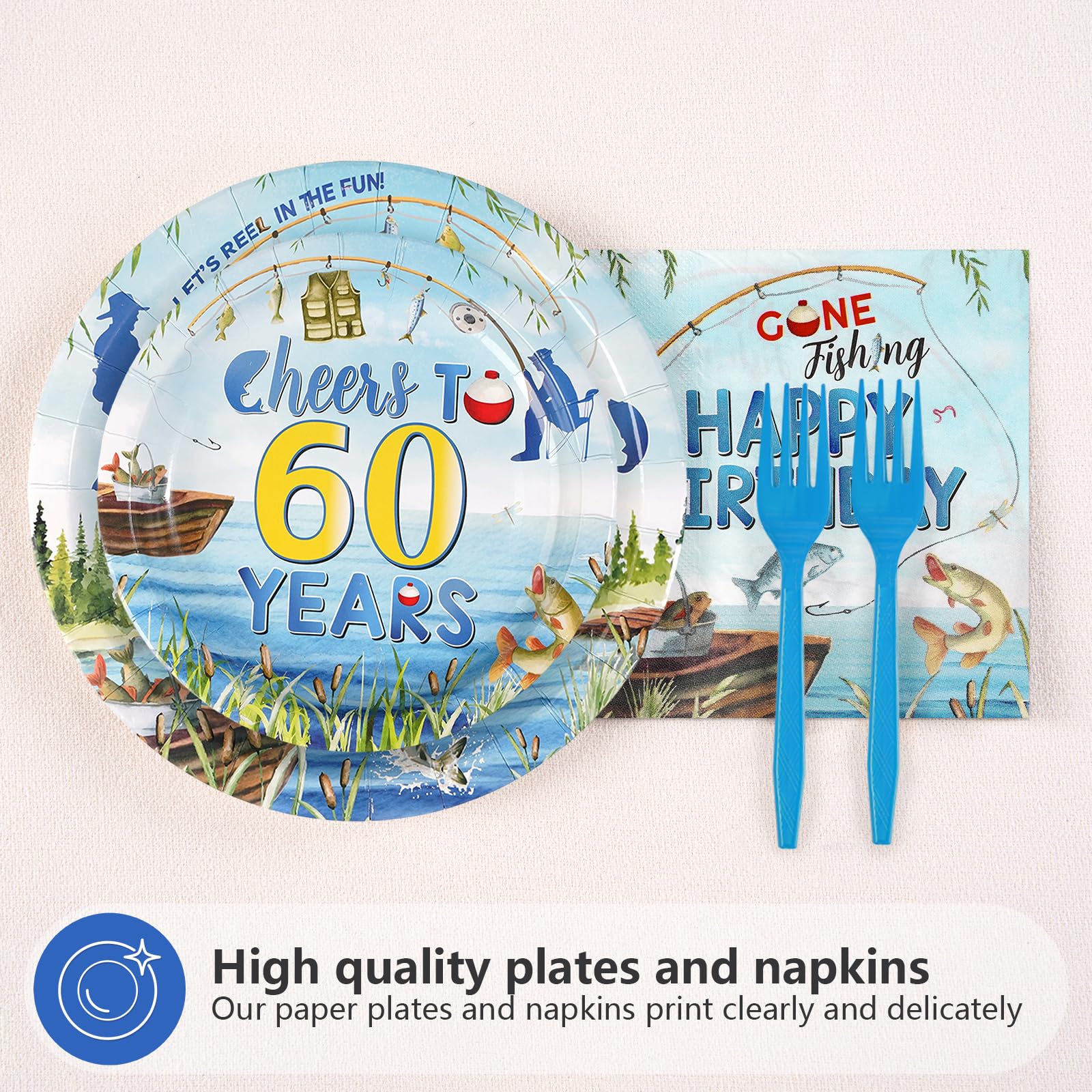 96 Pcs Fishing 60th Birthday Party Plates and Napkins - Grencian