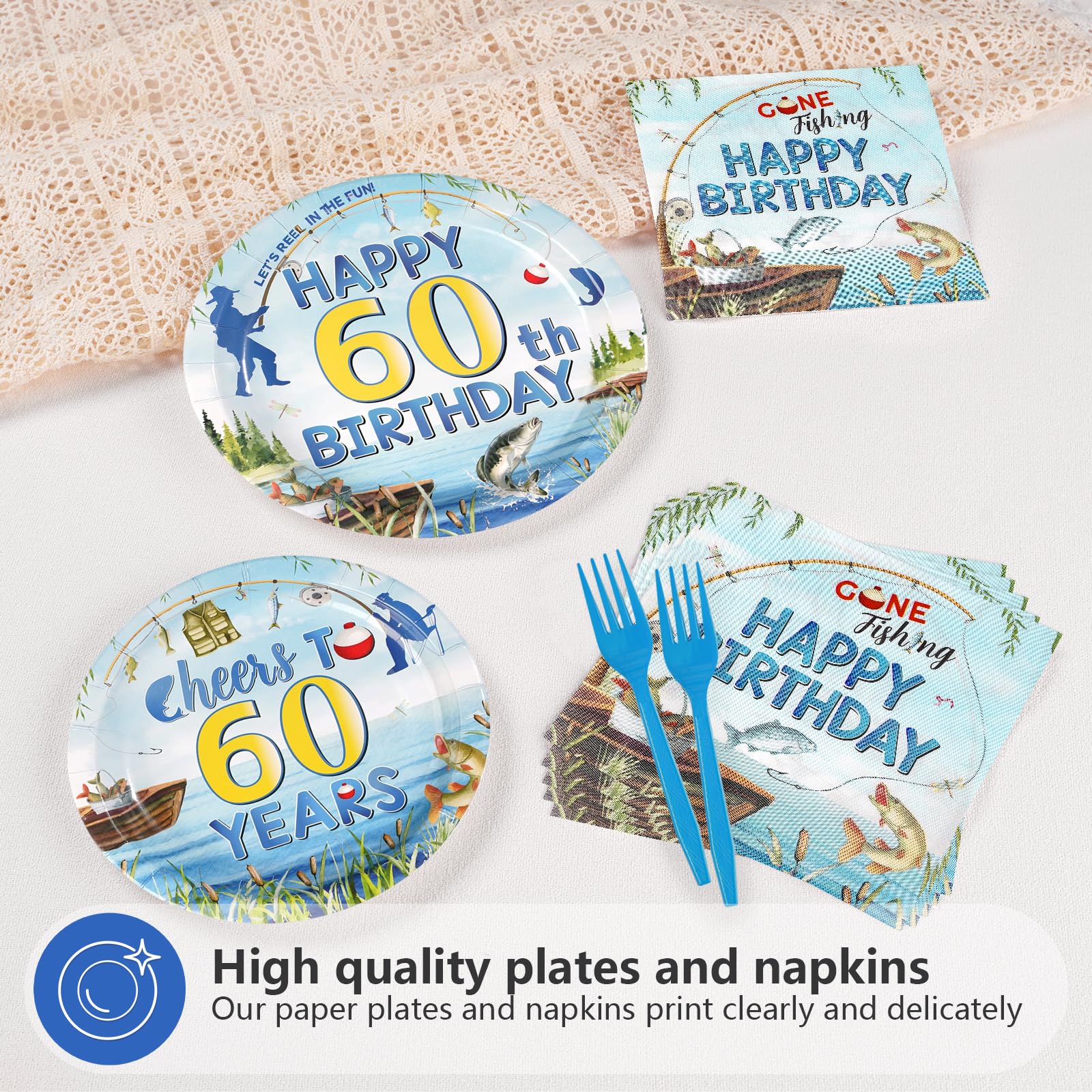 96 Pcs Fishing 60th Birthday Party Plates and Napkins - Grencian