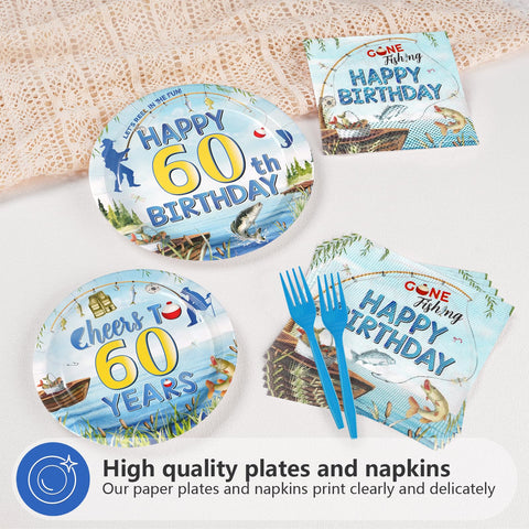 96 Pcs Fishing 60th Birthday Party Plates and Napkins - Grencian