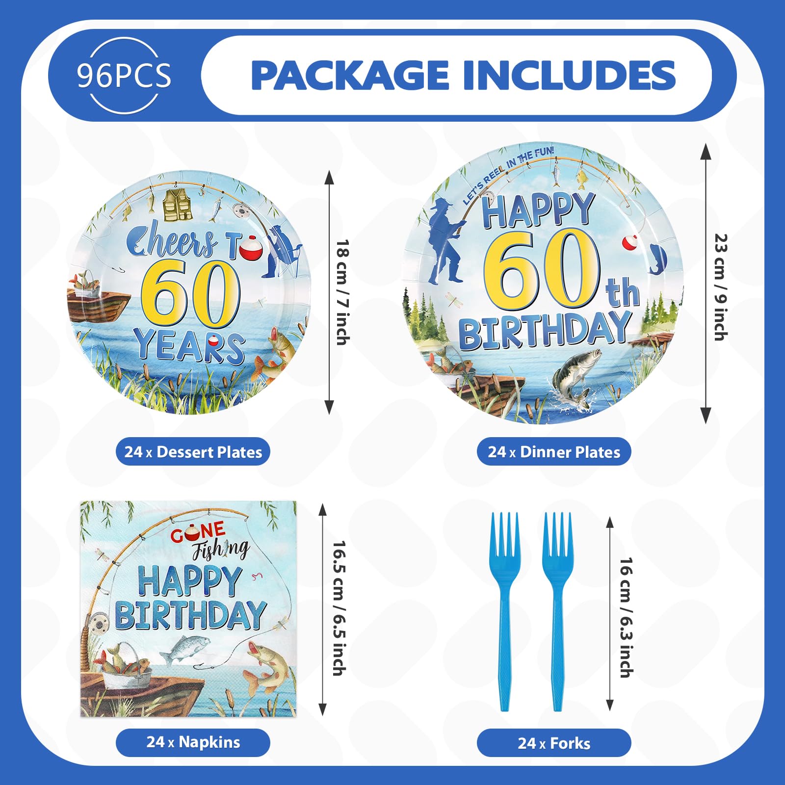 96 Pcs Fishing 60th Birthday Party Plates and Napkins - Grencian
