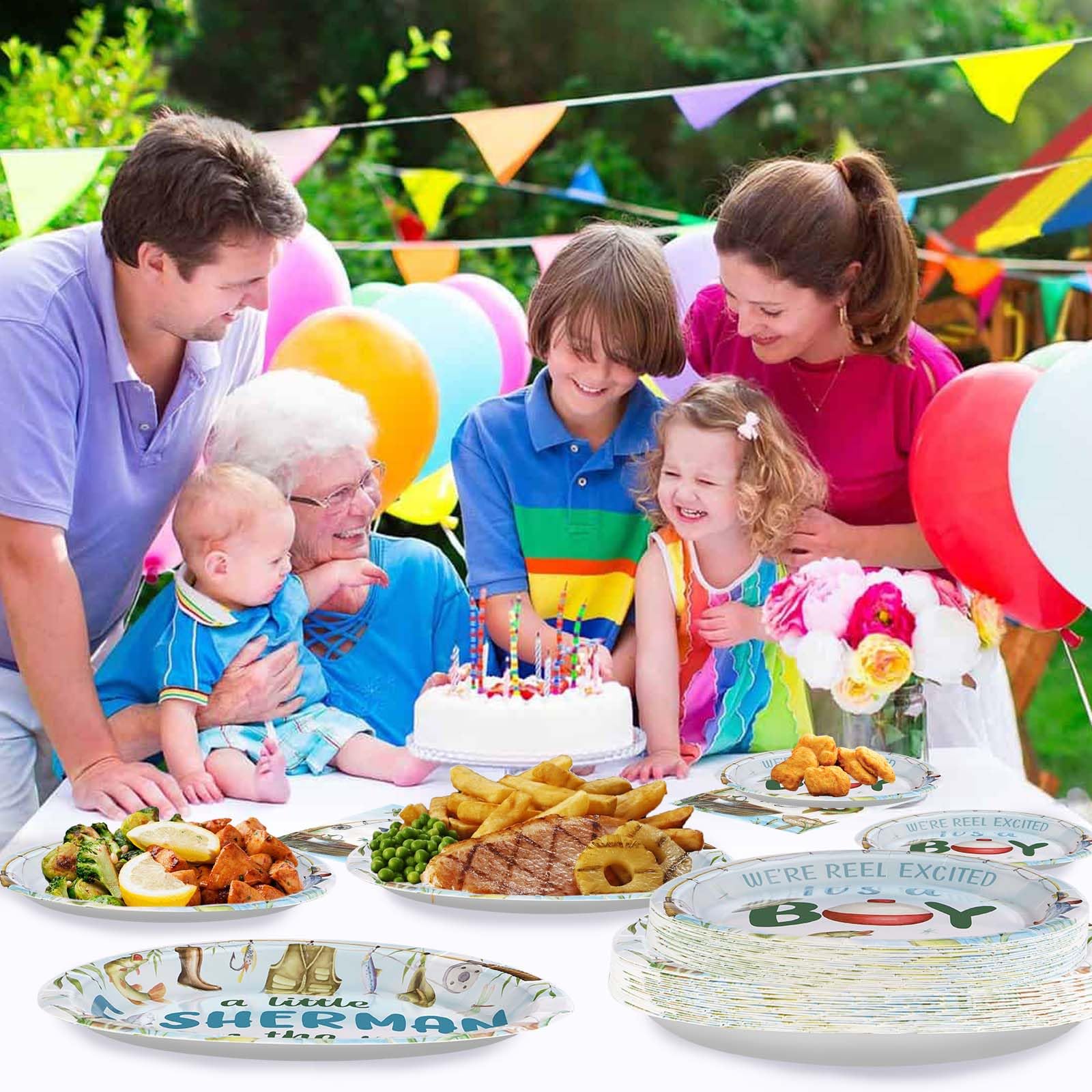 96 Pcs Fishing Baby Shower Party Plates and Napkins - Grencian