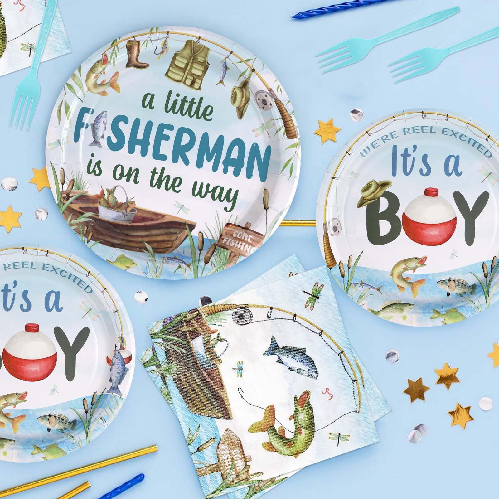 96 Pcs Fishing Baby Shower Party Plates and Napkins - Grencian