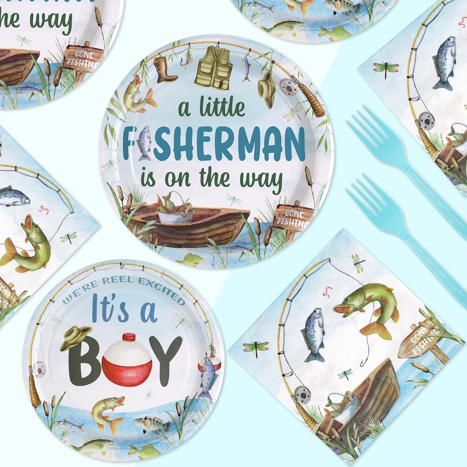 96 Pcs Fishing Baby Shower Party Plates and Napkins - Grencian