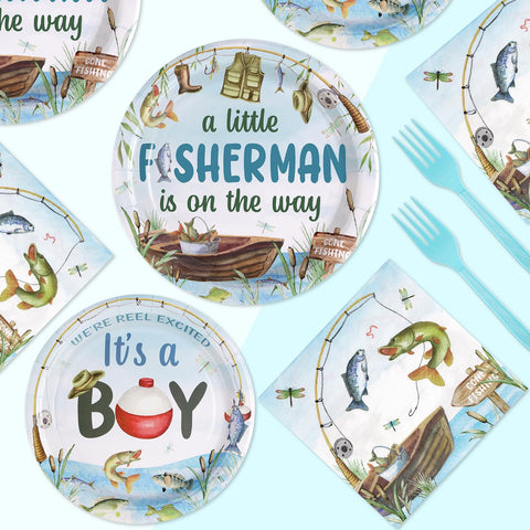 96 Pcs Fishing Baby Shower Party Plates and Napkins - Grencian