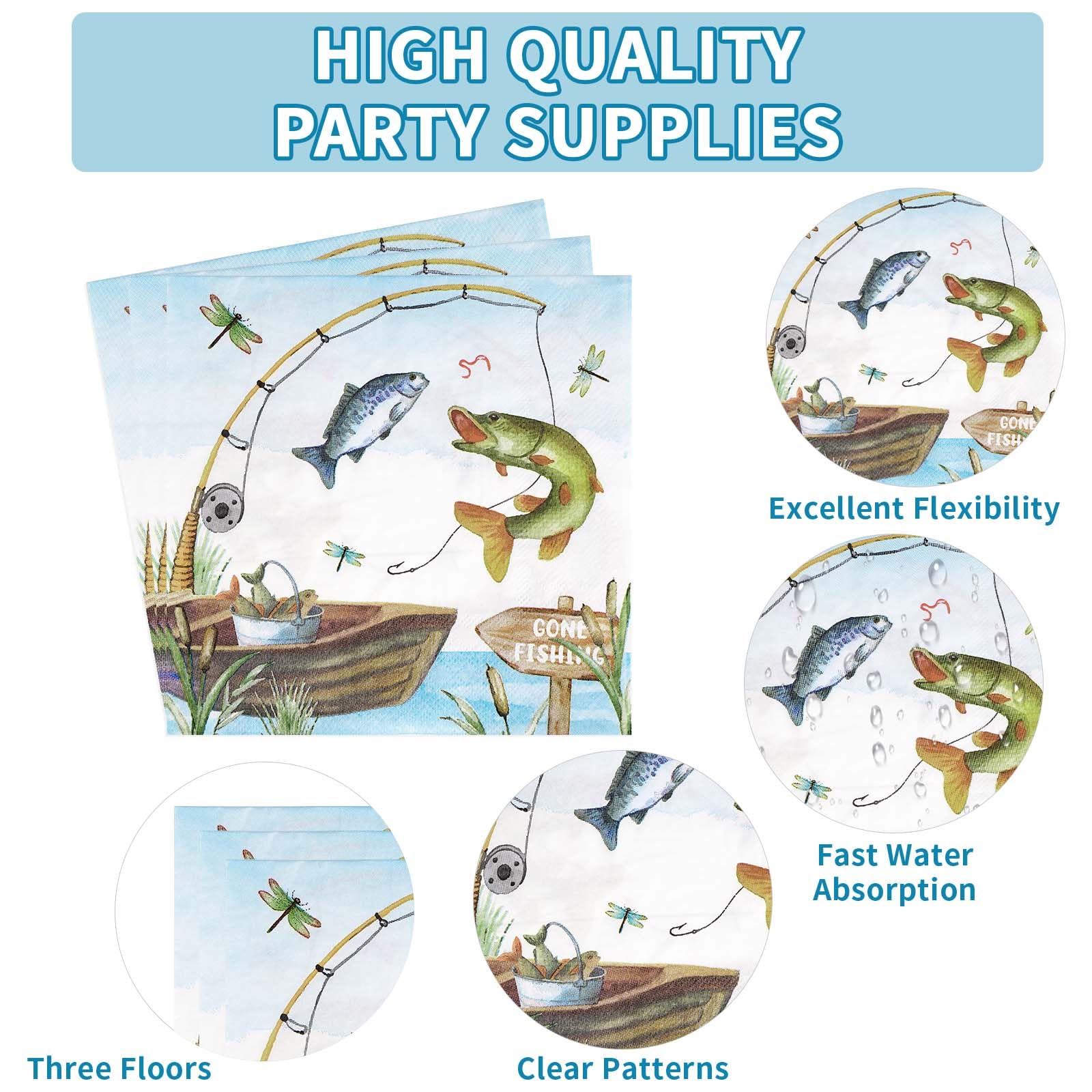 96 Pcs Fishing Baby Shower Party Plates and Napkins - Grencian