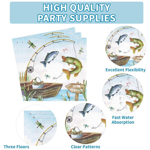 96 Pcs Fishing Baby Shower Party Plates and Napkins - Grencian