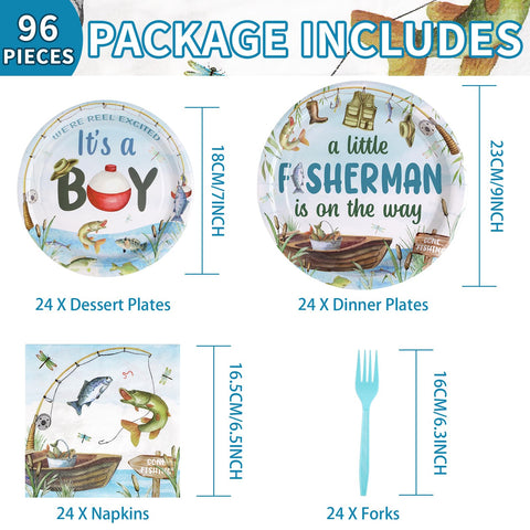 96 Pcs Fishing Baby Shower Party Plates and Napkins - Grencian