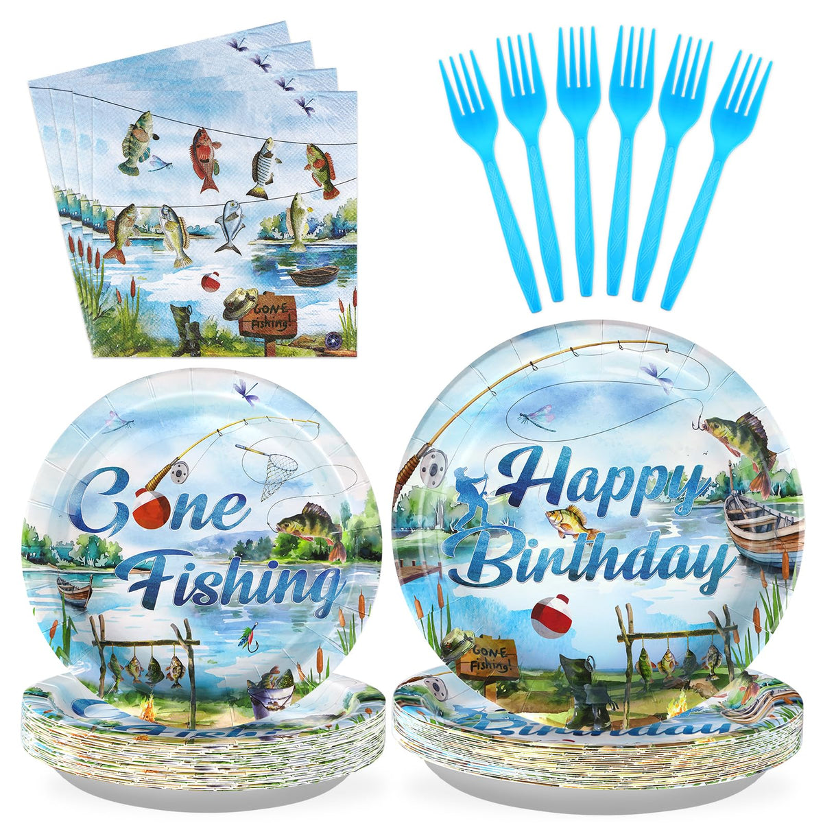 96 Pcs Fishing Birthday Party Plates and Napkins - Grencian