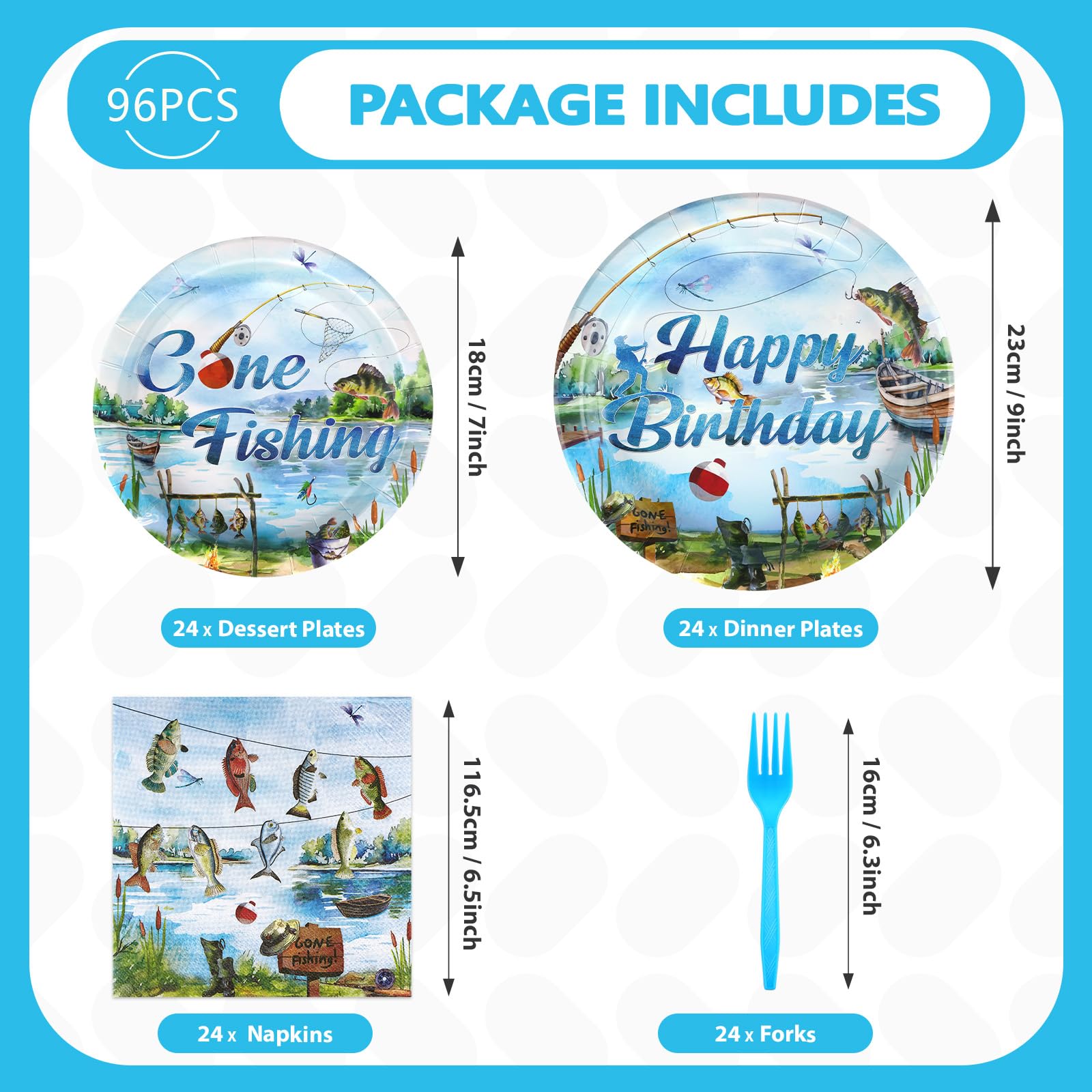 96 Pcs Fishing Birthday Party Plates and Napkins - Grencian